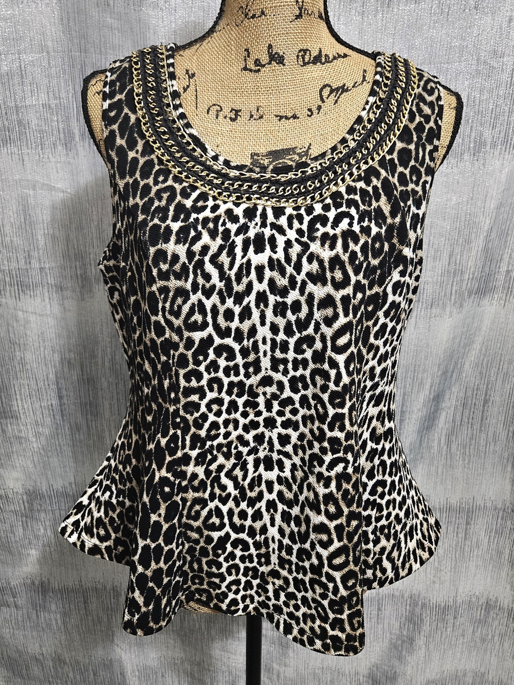 Thalia Sodi Black and Cream Leopard-Print Tank with Gold Chain Detail